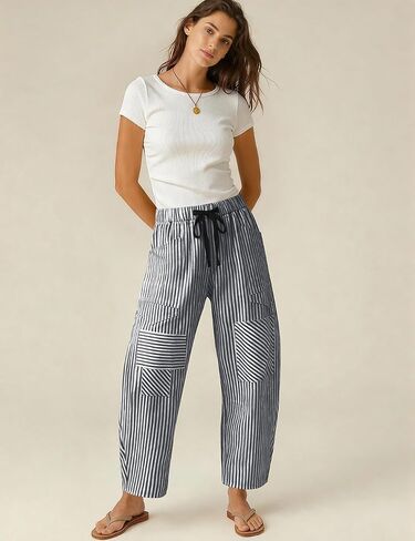 TARSE Women's Striped Linen Barrel Pants Wide Leg Drawstring Baggy Summer Beach Lounge Pants with Pockets Y2k Patchwork in Kuwait