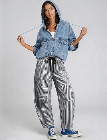 TARSE Women's Striped Linen Barrel Pants Wide Leg Drawstring Baggy Summer Beach Lounge Pants with Pockets Y2k Patchwork in Kuwait