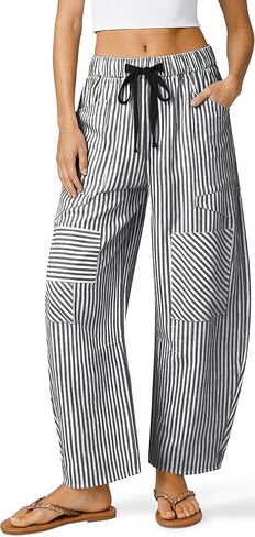 TARSE Women's Striped Linen Barrel Pants Wide Leg Drawstring Baggy Summer Beach Lounge Pants with Pockets Y2k Patchwork in Kuwait