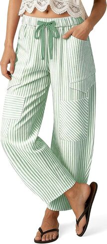 TARSE Women's Striped Linen Barrel Pants Wide Leg Drawstring Baggy Summer Beach Lounge Pants with Pockets Y2k Patchwork in Kuwait