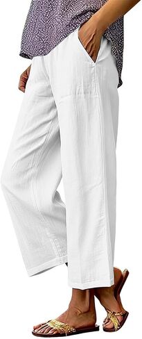Linen Pants Women Petite Ankle Length Straight Leg Cropped Pant Summer Elastic Waist Lightweight Casual Trousers With Pockets in Kuwait