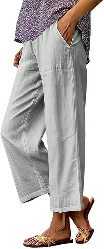 Linen Pants Women Petite Ankle Length Straight Leg Cropped Pant Summer Elastic Waist Lightweight Casual Trousers With Pockets in Kuwait