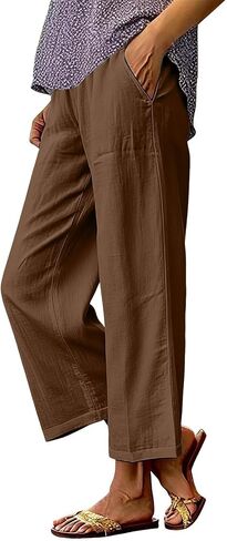 Linen Pants Women Petite Ankle Length Straight Leg Cropped Pant Summer Elastic Waist Lightweight Casual Trousers With Pockets in Kuwait