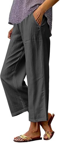 Linen Pants Women Petite Ankle Length Straight Leg Cropped Pant Summer Elastic Waist Lightweight Casual Trousers With Pockets in Kuwait
