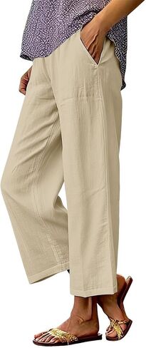 Linen Pants Women Petite Ankle Length Straight Leg Cropped Pant Summer Elastic Waist Lightweight Casual Trousers With Pockets in Kuwait
