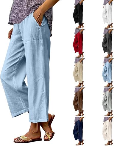 Linen Pants Women Petite Ankle Length Straight Leg Cropped Pant Summer Elastic Waist Lightweight Casual Trousers With Pockets in Kuwait