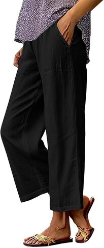 Linen Pants Women Petite Ankle Length Straight Leg Cropped Pant Summer Elastic Waist Lightweight Casual Trousers With Pockets in Kuwait