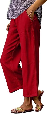 Linen Pants Women Petite Ankle Length Straight Leg Cropped Pant Summer Elastic Waist Lightweight Casual Trousers With Pockets in Kuwait