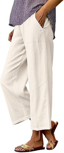 Linen Pants Women Petite Ankle Length Straight Leg Cropped Pant Summer Elastic Waist Lightweight Casual Trousers With Pockets in Kuwait