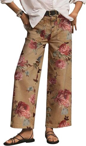 Flamingals Straight Pants for Women High Rise Floral Print Baggy Patch Pocket Trendy Denim Pants in Kuwait