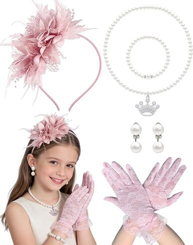 Girls Tea Party Fascinators Hats Tea Party Headband and Lace Glove Set for Girls 1920s Party in Saudi Arabia