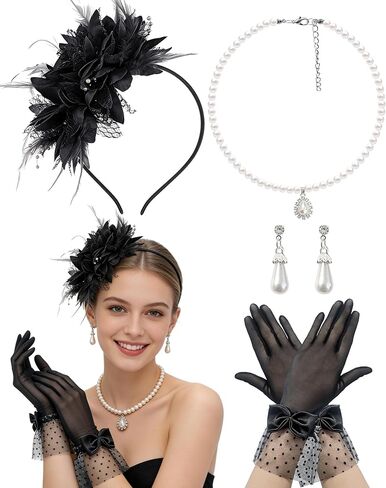 Tea Party Headband Fascinator Hat for Women Tea Party Headpiece and Lace Glove Set for Women 1920s Party in Saudi Arabia