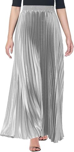 Women's Pleated Maxi Skirts Elastic High Waisted Metallic Shiny Accordion A Line Long Party Skirt in Kuwait