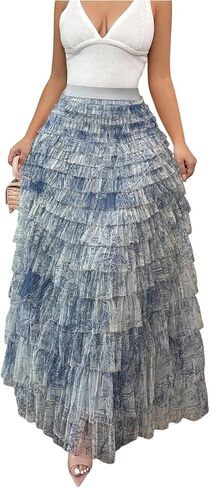 Floerns Women's Elegant Floral Maxi Skirt High Waisted Tiered Ruffle Party Skirts in Kuwait