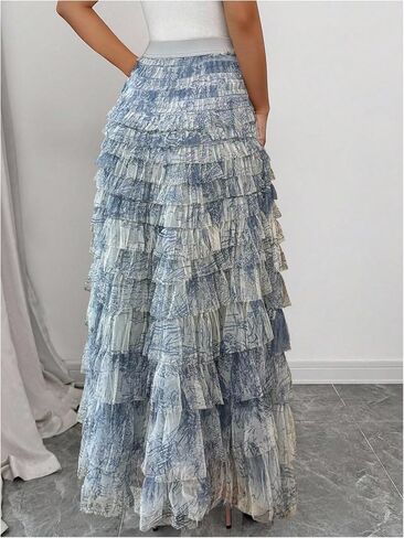 Floerns Women's Elegant Floral Maxi Skirt High Waisted Tiered Ruffle Party Skirts in Kuwait