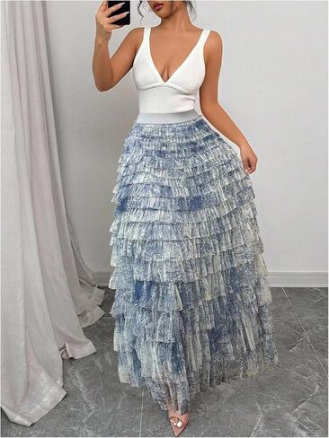 Floerns Women's Elegant Floral Maxi Skirt High Waisted Tiered Ruffle Party Skirts in Kuwait