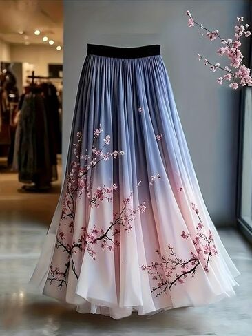 Women's French Style Ombre Floral Tulle Maxi Skirt A-Line Long Skirt for Wedding Guest Formal Evening Party, All Season, in Kuwait