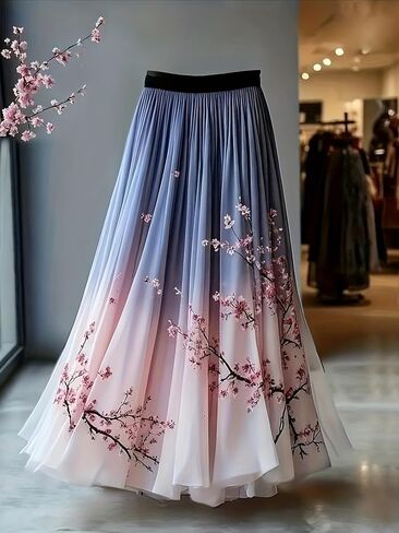 Women's French Style Ombre Floral Tulle Maxi Skirt A-Line Long Skirt for Wedding Guest Formal Evening Party, All Season, in Kuwait