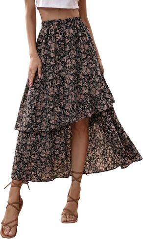 EARKOHA Long Skirt with Slit Elastic Waist Layered Flowy Floral Boho Ruffle Maxi Skirt with Pockets for Beach Vacation in Saudi Arabia