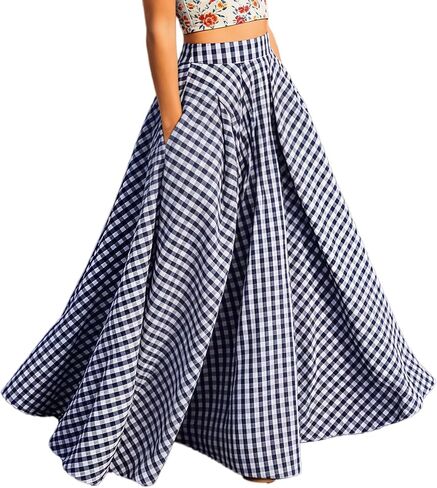 Women's Plaid Maxi Skirt with Pockets - High Waisted Pleated A-Line Gingham Long Skirt for Women Casual Summer 2026 in Kuwait