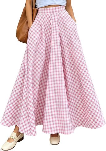 Women's Plaid Maxi Skirt with Pockets - High Waisted Pleated A-Line Gingham Long Skirt for Women Casual Summer 2026 in Kuwait
