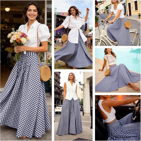 Women's Plaid Maxi Skirt with Pockets - High Waisted Pleated A-Line Gingham Long Skirt for Women Casual Summer 2026 in Kuwait