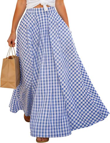 Women's Plaid Maxi Skirt with Pockets - High Waisted Pleated A-Line Gingham Long Skirt for Women Casual Summer 2026 in Kuwait