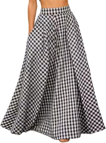 Women's Plaid Maxi Skirt with Pockets - High Waisted Pleated A-Line Gingham Long Skirt for Women Casual Summer 2026 in Kuwait