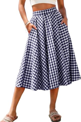 Mansy Women's Gingham Plaid Midi Skirt Elastic High Waist Boho Pleated Flowy Casual Summer Skirt with Pockets for Daily in Saudi Arabia