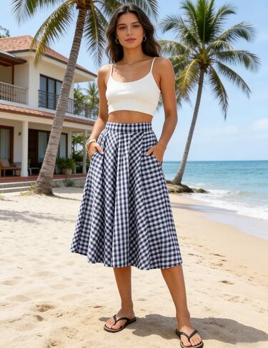 Mansy Women's Gingham Plaid Midi Skirt Elastic High Waist Boho Pleated Flowy Casual Summer Skirt with Pockets for Daily in Saudi Arabia