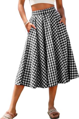 Mansy Women's Gingham Plaid Midi Skirt Elastic High Waist Boho Pleated Flowy Casual Summer Skirt with Pockets for Daily in Saudi Arabia
