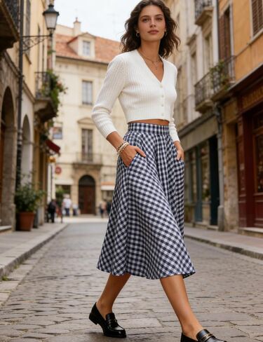 Mansy Women's Gingham Plaid Midi Skirt Elastic High Waist Boho Pleated Flowy Casual Summer Skirt with Pockets for Daily in Saudi Arabia