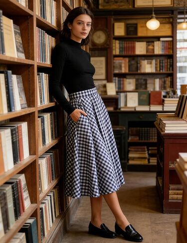 Mansy Women's Gingham Plaid Midi Skirt Elastic High Waist Boho Pleated Flowy Casual Summer Skirt with Pockets for Daily in Saudi Arabia