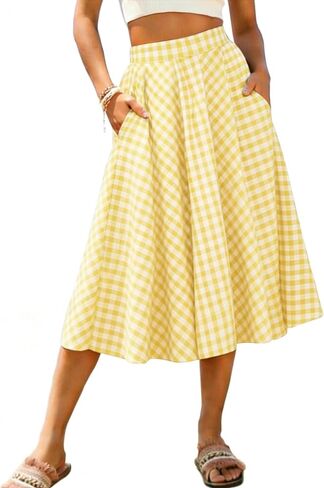 Mansy Women's Gingham Plaid Midi Skirt Elastic High Waist Boho Pleated Flowy Casual Summer Skirt with Pockets for Daily in Saudi Arabia