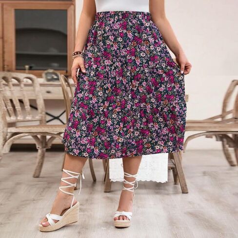 Women's Plus Size Floral Midi Skirt, High Waist A-Line Flowy Skirt for Spring and Summer in Kuwait