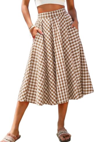 Mansy Women's Gingham Plaid Midi Skirt Elastic High Waist Boho Pleated Flowy Casual Summer Skirt with Pockets for Daily in Saudi Arabia