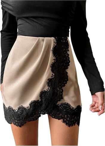Milumia Women's Mini Lace Trim Split Skirt Split Hem High Waist A-Line Short Bodycon Skirts in Kuwait