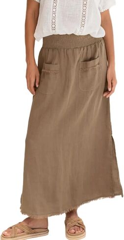 Songling Women Linen Maxi Skirt A-Line Elastic Waisted Long Skirt Casual Side Slit Skirts with Pockets 2026 Summer Clothes in Saudi Arabia