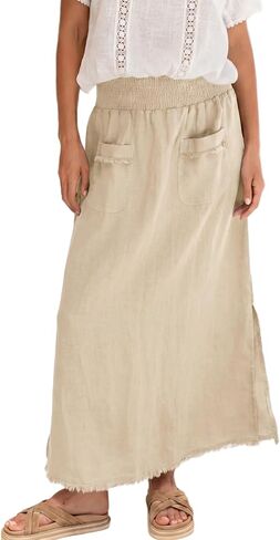 Songling Women Linen Maxi Skirt A-Line Elastic Waisted Long Skirt Casual Side Slit Skirts with Pockets 2026 Summer Clothes in Saudi Arabia