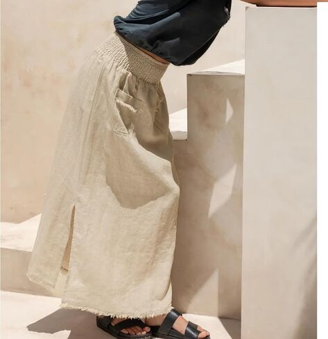 Songling Women Linen Maxi Skirt A-Line Elastic Waisted Long Skirt Casual Side Slit Skirts with Pockets 2026 Summer Clothes in Saudi Arabia