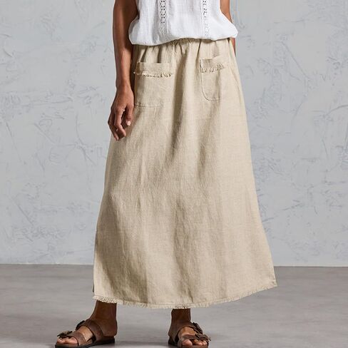 Songling Women Linen Maxi Skirt A-Line Elastic Waisted Long Skirt Casual Side Slit Skirts with Pockets 2026 Summer Clothes in Saudi Arabia