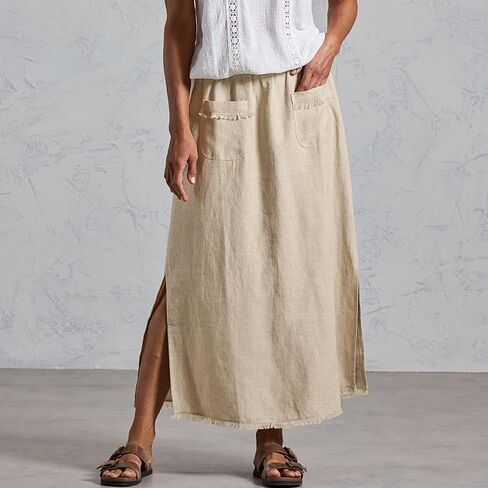 Songling Women Linen Maxi Skirt A-Line Elastic Waisted Long Skirt Casual Side Slit Skirts with Pockets 2026 Summer Clothes in Saudi Arabia