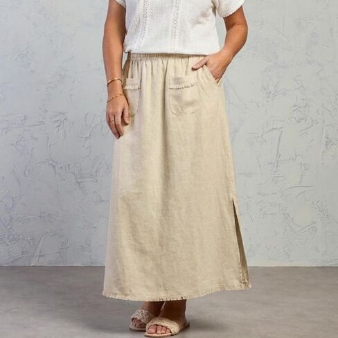 Songling Women Linen Maxi Skirt A-Line Elastic Waisted Long Skirt Casual Side Slit Skirts with Pockets 2026 Summer Clothes in Saudi Arabia