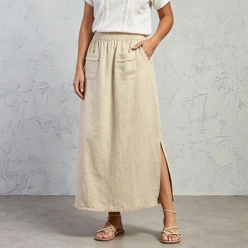 Songling Women Linen Maxi Skirt A-Line Elastic Waisted Long Skirt Casual Side Slit Skirts with Pockets 2026 Summer Clothes in Saudi Arabia