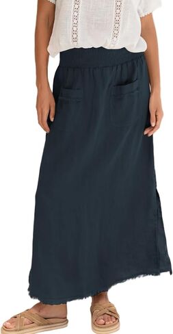 Songling Women Linen Maxi Skirt A-Line Elastic Waisted Long Skirt Casual Side Slit Skirts with Pockets 2026 Summer Clothes in Saudi Arabia