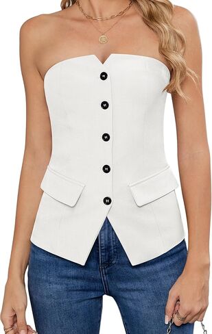 IWH Women's Summer Strapless Vest Tops Notched Neck Tube Tops Button Fitted Sleeveless Work Business Blazer Vest in Saudi Arabia