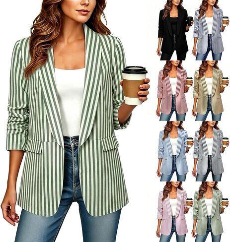 Blazers for Women Trendy Dressy Casual Work Striped Cardigan Jackets Lightweight Ruched 3/4 Sleeve Blazer Coats in Kuwait