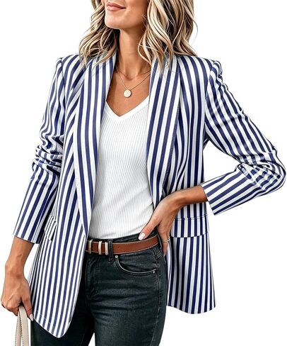Blazers for Women Trendy Dressy Casual Work Striped Cardigan Jackets Lightweight Ruched 3/4 Sleeve Blazer Coats in Kuwait
