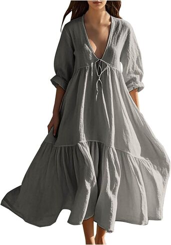 Womens Linen Dress Maxi Summer Dress Casual Flowy Dresses Long Beach 3/4 Sleeve Dresses Vacation V Neck Sundresses in Saudi Arabia