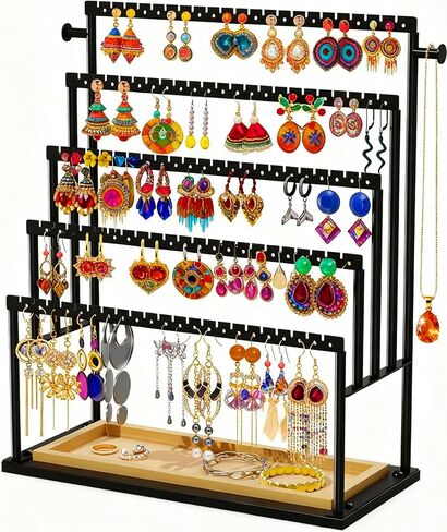 Earring Holder Organizer, 5-Tier Step Jewelry Display Stand with Metal Frame and Wooden Storage Organizer, Large Earring Holder for Studs, Hoops, Dangles, Modern Jewelry Organizer for Women in Saudi Arabia